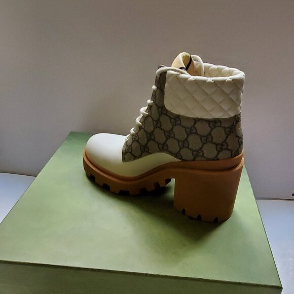 NIB Gucci leather GG canvas combat lug sole boots IT 39.5 - Picture 5 of 9